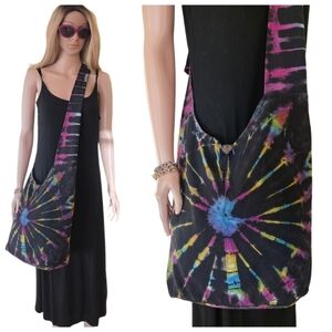 The Collection Royal Black Rainbow Tie Dye Hobo Bag EUC